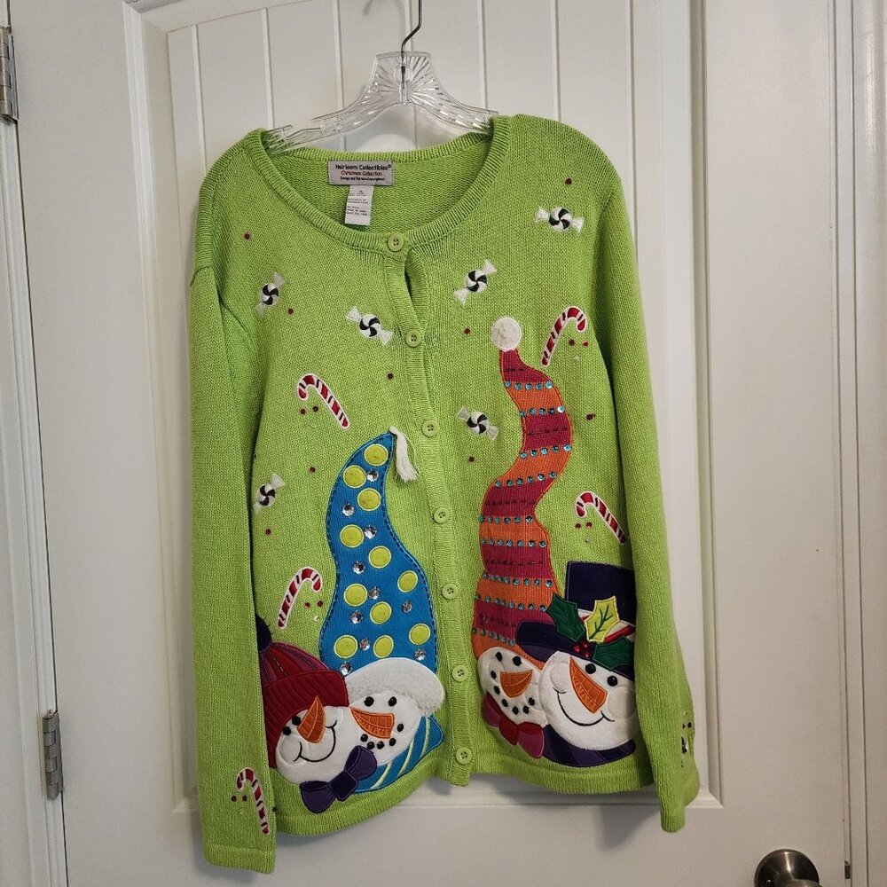 Heirloom Collectibles Christmas Collection Snowman Green Cardigan Sweater XL Cot